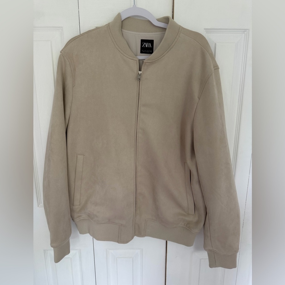 ZARA Beige Men's Bomber Jacket with Black Logo Tag